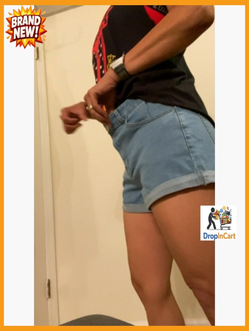 Mid Waisted Folded Hem Ripped Jean Shorts Casual Summer Denim Shorts - Picture 7 of 7